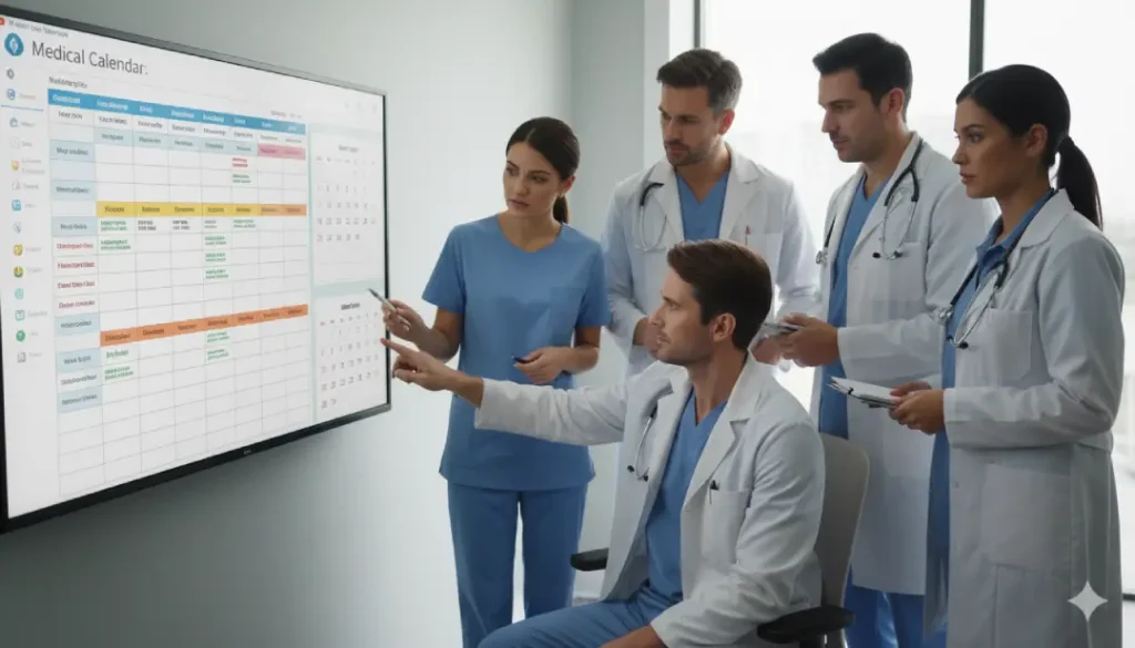 médicos consultando agenda médica en la nube en pantalla grande