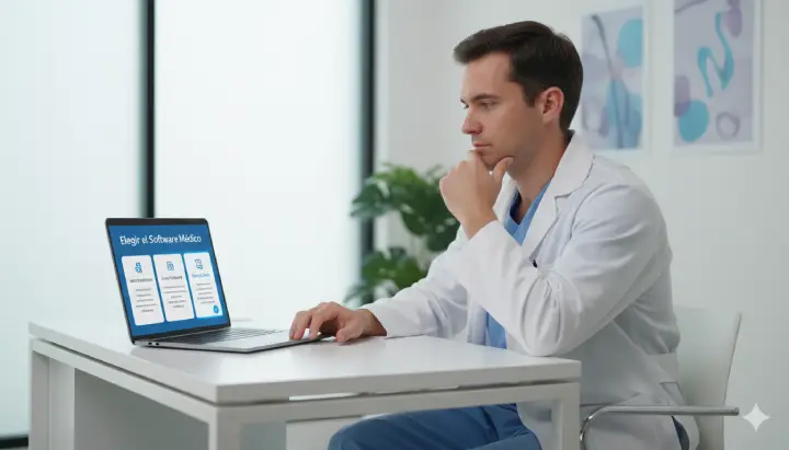 doctor evaluando opciones de software médico para consultorio