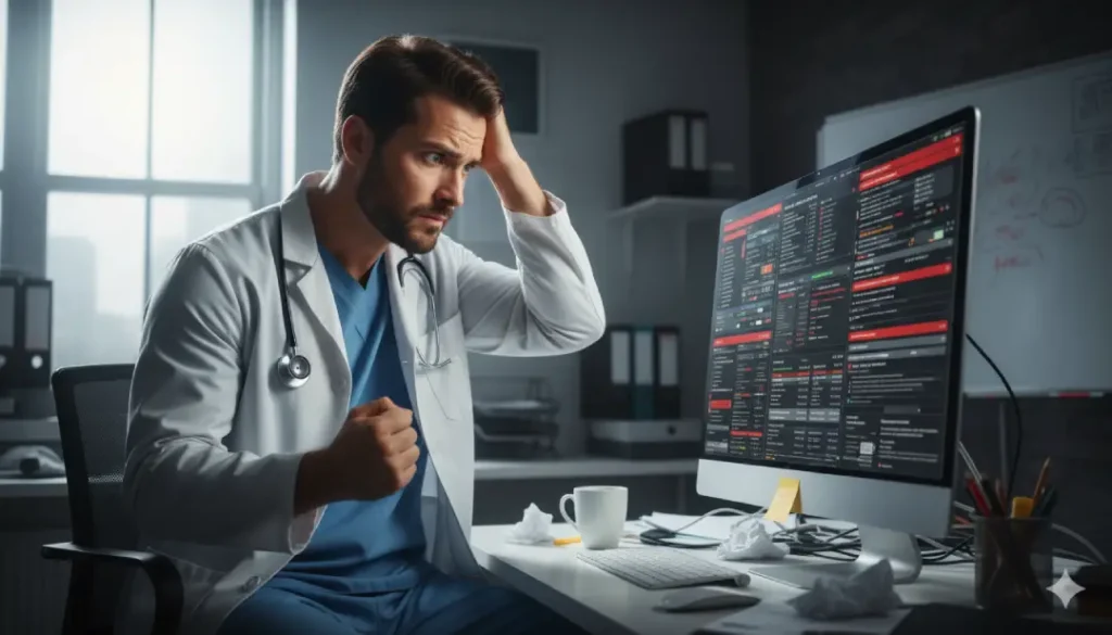 médico confundido frente a computadora con software médico