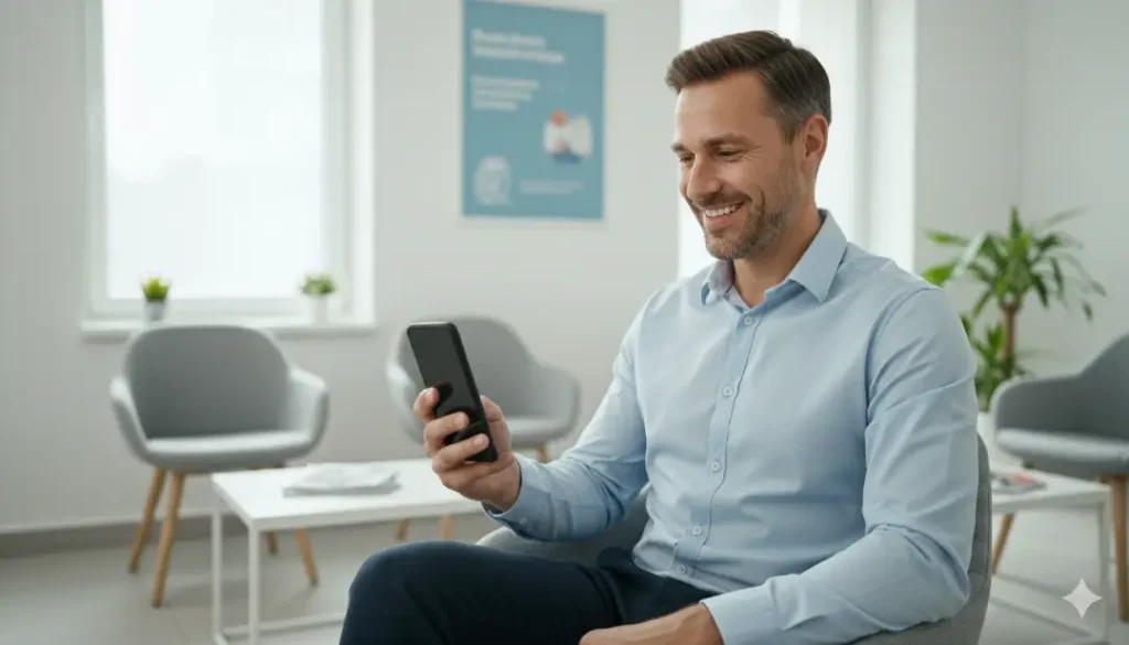 paciente tranquilo en sala de espera gracias a agenda médica digital