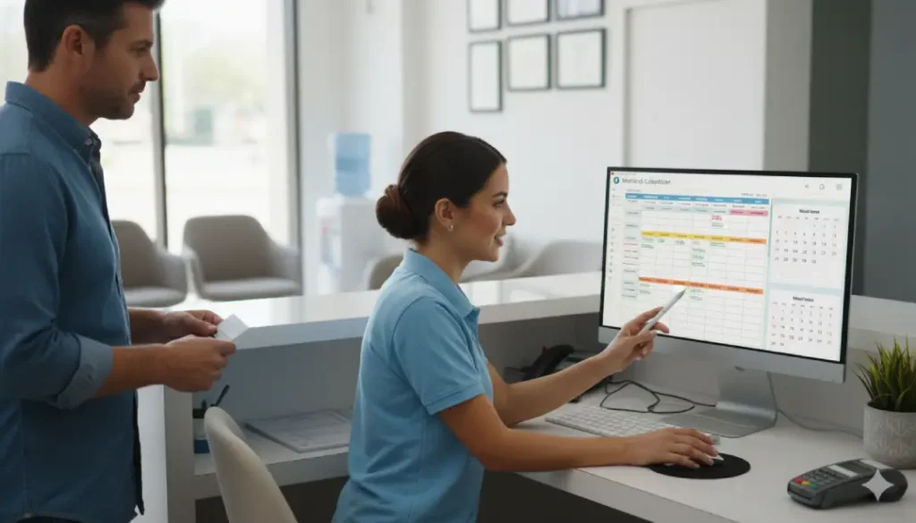 recepcionista clínica usando agenda médica electrónica en computadora