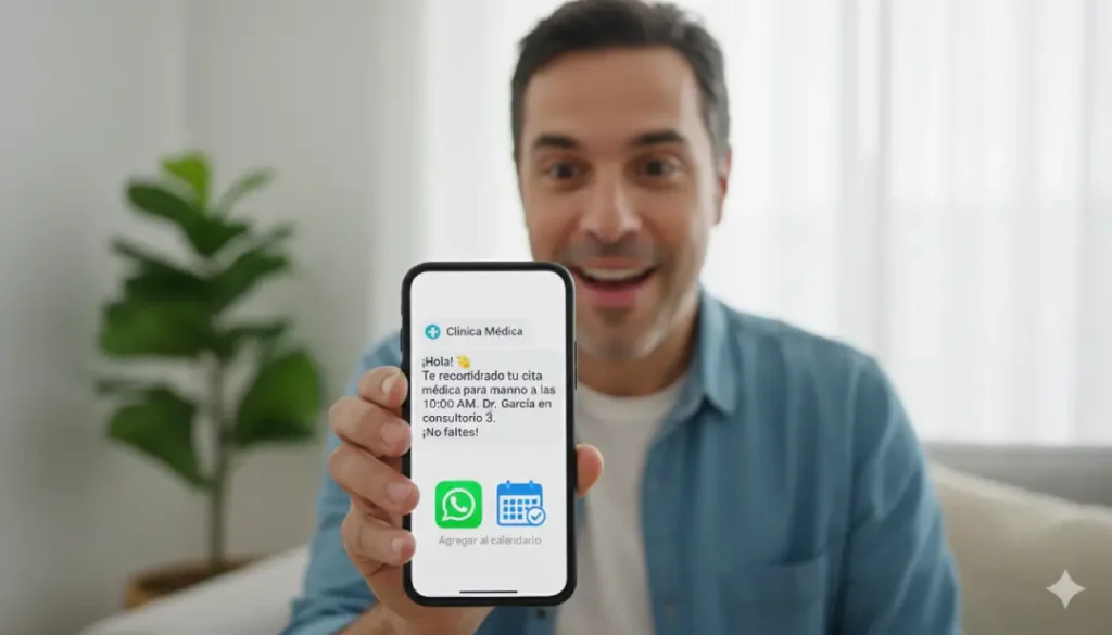 paciente recibiendo recordatorio automático de cita médica en WhatsApp